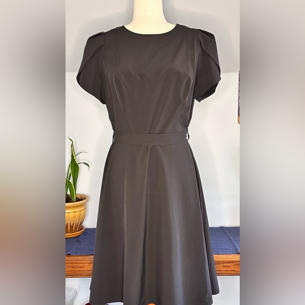 CALVIN KLEIN PUFF TULIP SLEEVE TIE WAIST BLACK DRESS SIZE 12